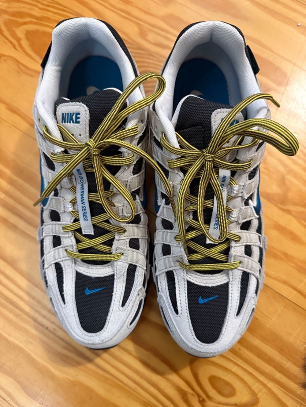 Nike White, Black & Blue Trainers with Yellow Laces Bowerman Series P-6000